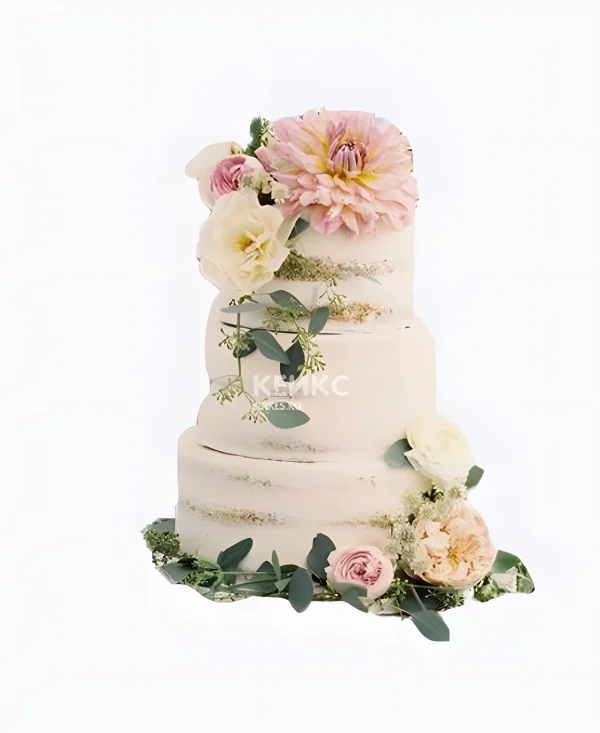 Красивый торт с листиками и цветами Фото