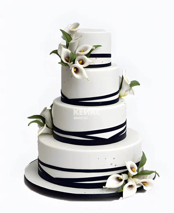 Красивый торт с темными полосками и оригинальными цветами Фото