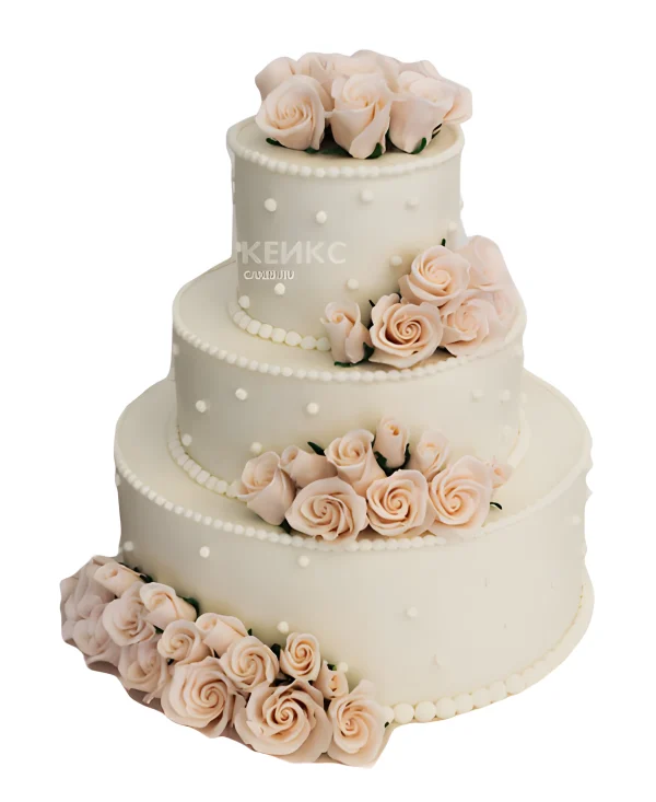 Бежевый свадебный торт с розовыми цветами и жемчугом Фото