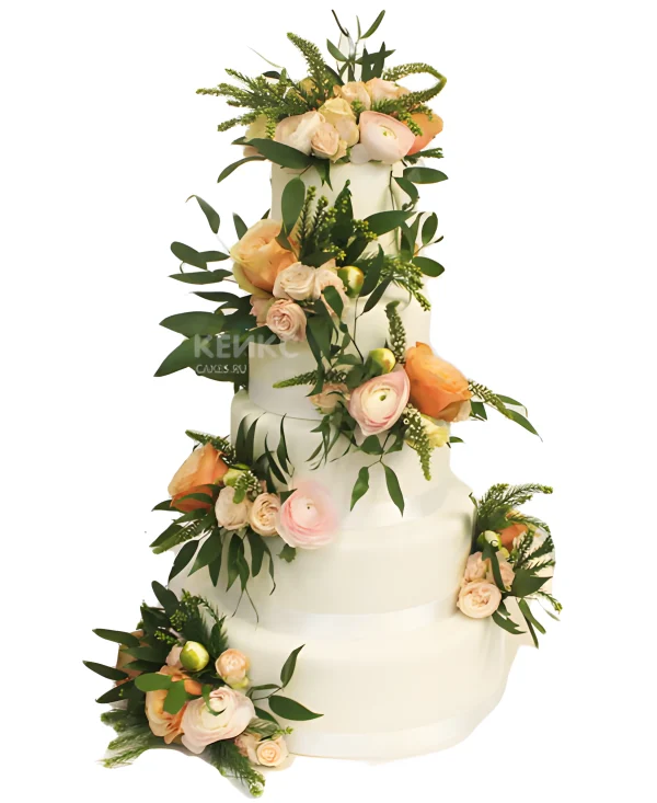 Роскошный свадебный торт эксклюзивный с живыми цветами Фото