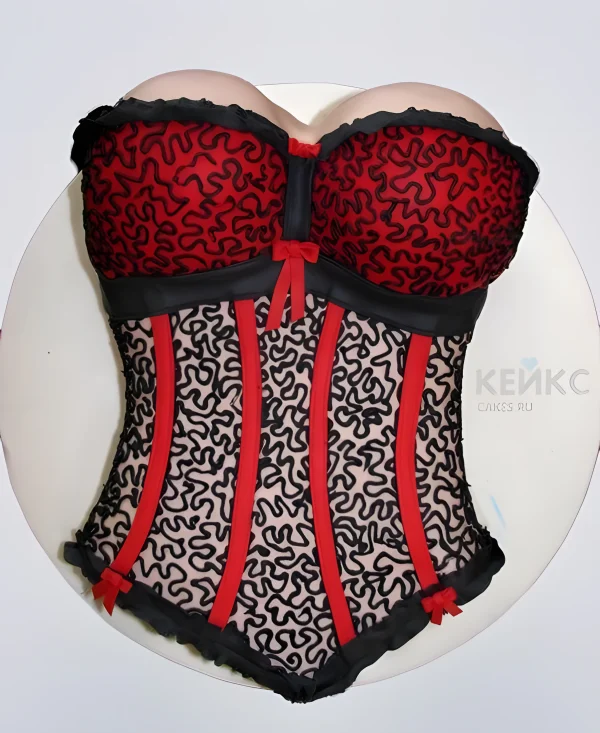 Торт на мальчишник в виде красно-черного корсета Фото