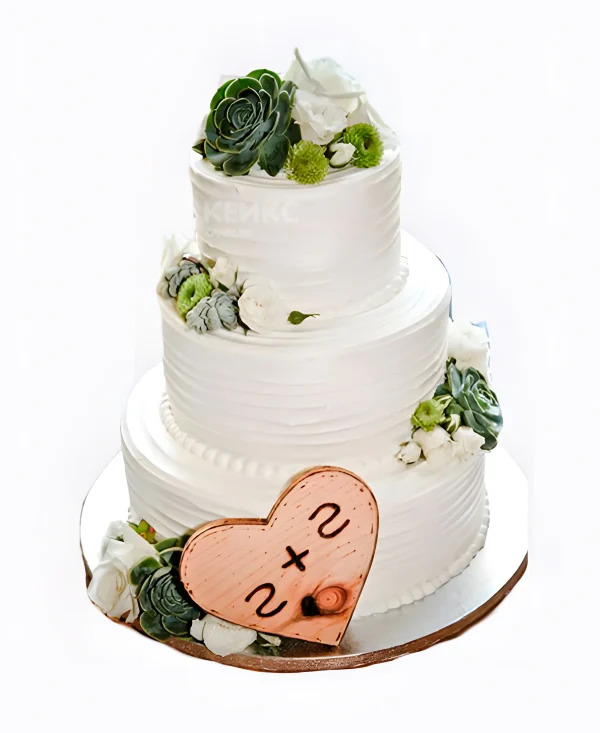Свадебный торт трехъярусный с суккулентами и зелеными хризантемами Фото