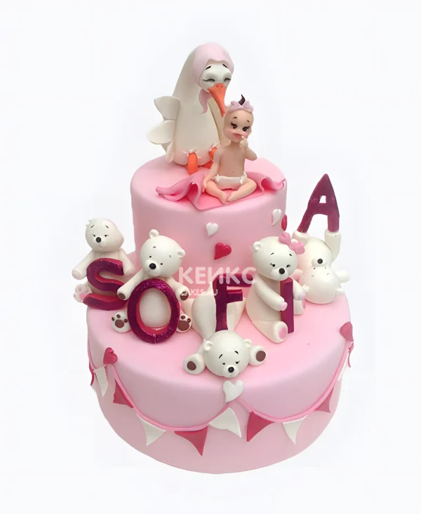 Розовый торт с аистом на рождение девочки Фото