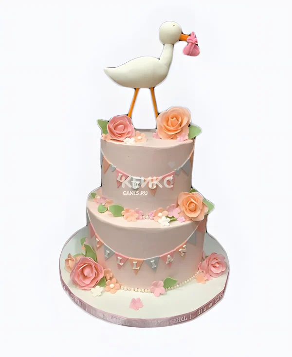 Красивый двухэтажный торт с цветами Фото