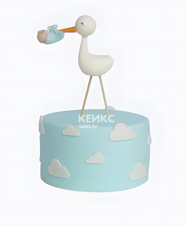 Нежно-голубой торт с ребенком в клюве Фото