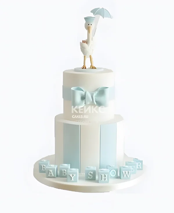 Голубой торт с аистом на рождение мальчика Фото
