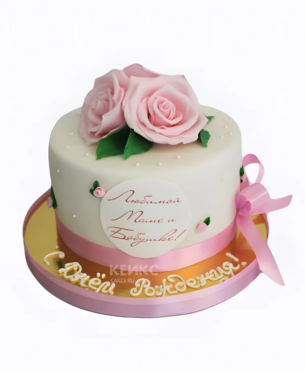 Белый торт с нежными розовыми цветами Фото