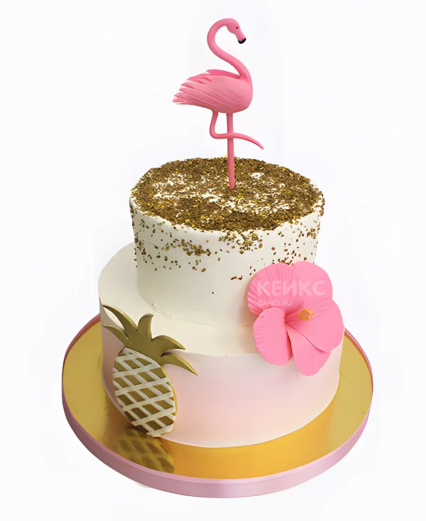 Яркий торт с розовым фламинго и золотым ананасом Фото