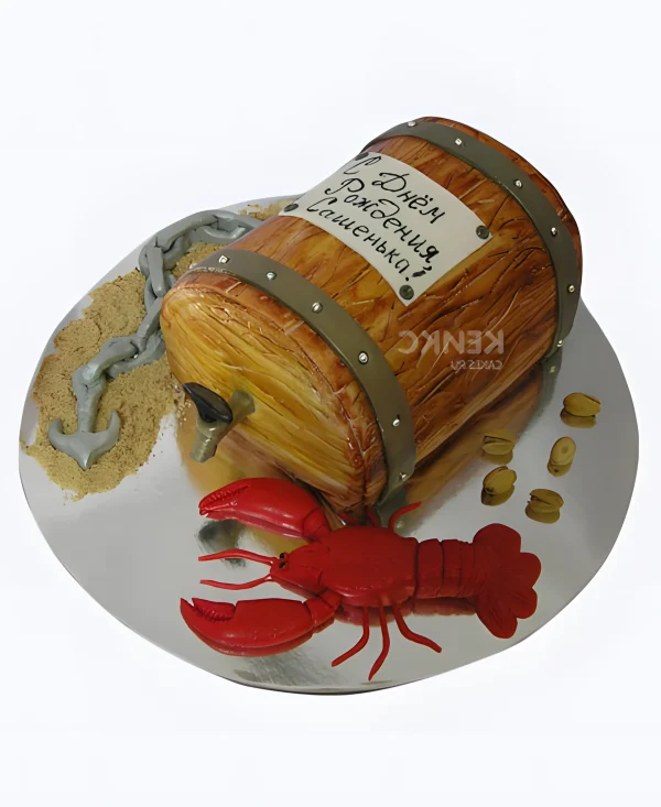 Торт бочка с пивом и с красными раком для Саши Фото