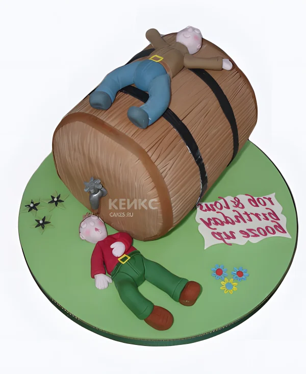 Торт бочка с пивом и парнями из мастики Фото