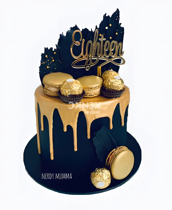 Торт черно - золотой с макарунами и ферреро роше Фото