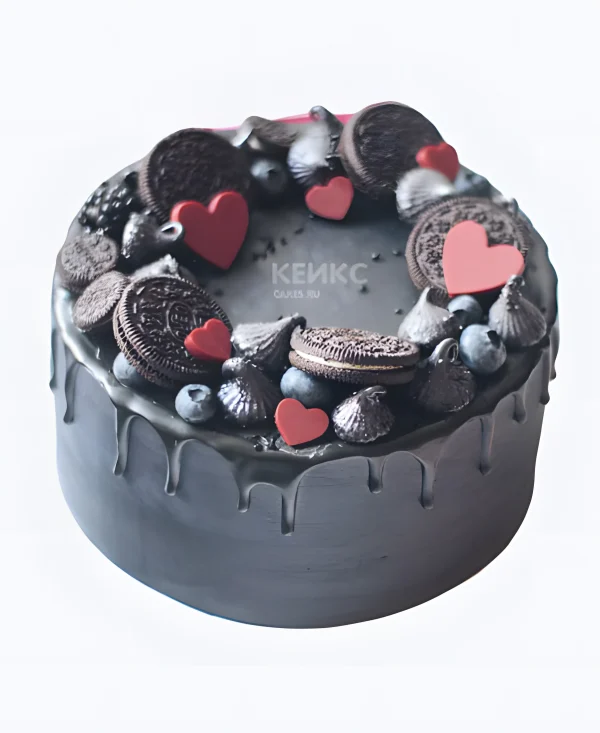Торт с чёрной глазурью, ягодами и орео Фото