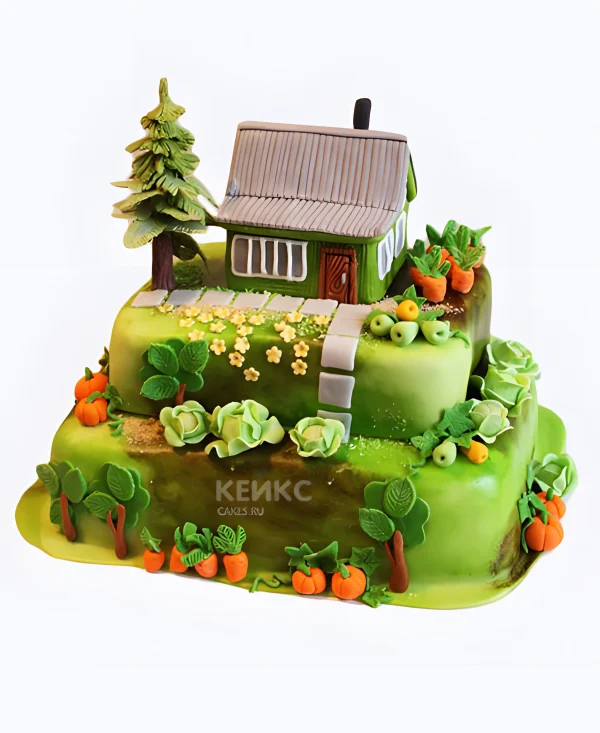 Двухъярусный торт дача с огородом из мастики Фото