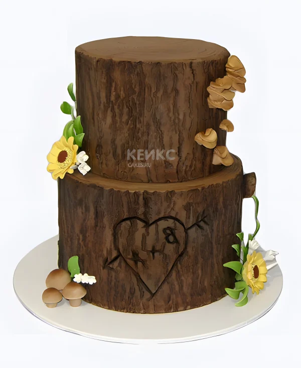 Двухъярусный торт дерево из мастики с цветами и грибами Фото