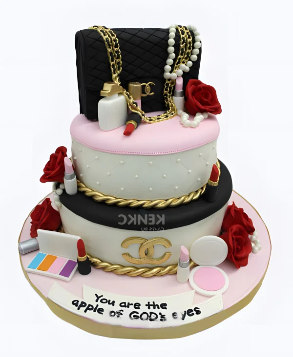 Торт двухъярусный с черной сумкой шанель и косметикой Фото