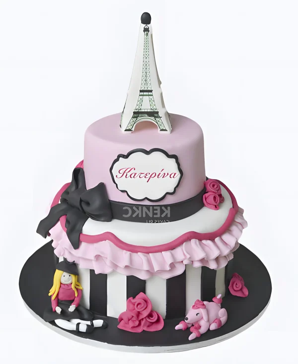 Торт двухэтажный с бантом и фигуркой Эйфелевой башни Фото