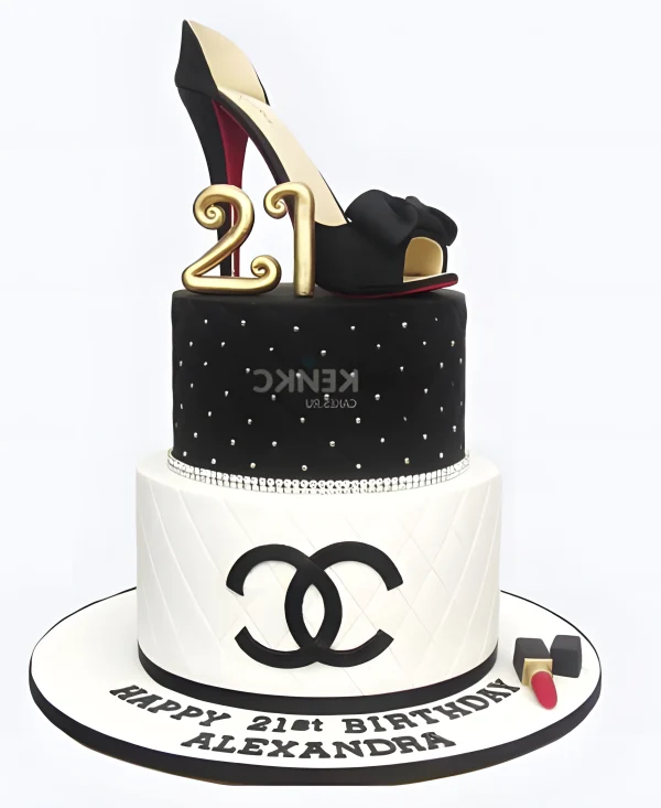 Торт двухэтажный с черной туфлей и значком Chanel Фото