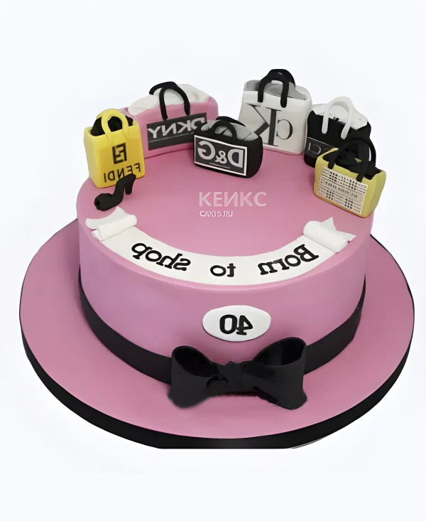 Торт розовый с бантом и подарочными пакетами Фото