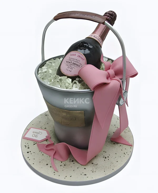 Торт в виде ведра с шампанским и бантом Фото