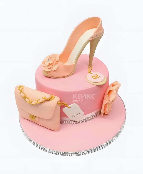 Торт розовый с персиковой туфлей и сумочкой Фото