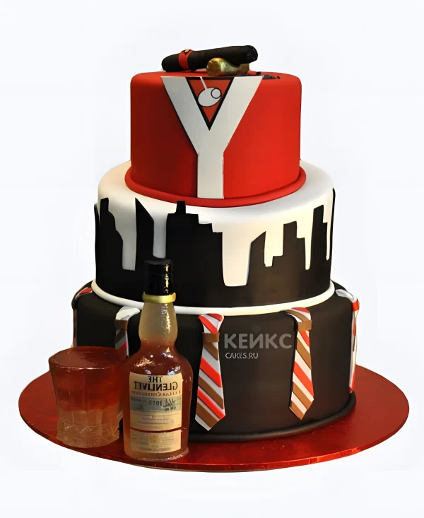 Торт в стиле города с бутылкой коньяка Фото