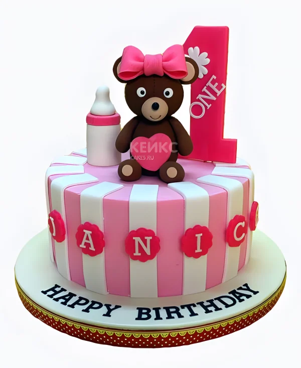 Торт с бутылочкой и медведем с розовым бантом Фото
