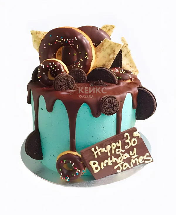 Голубой торт с шоколадными пончиками Фото