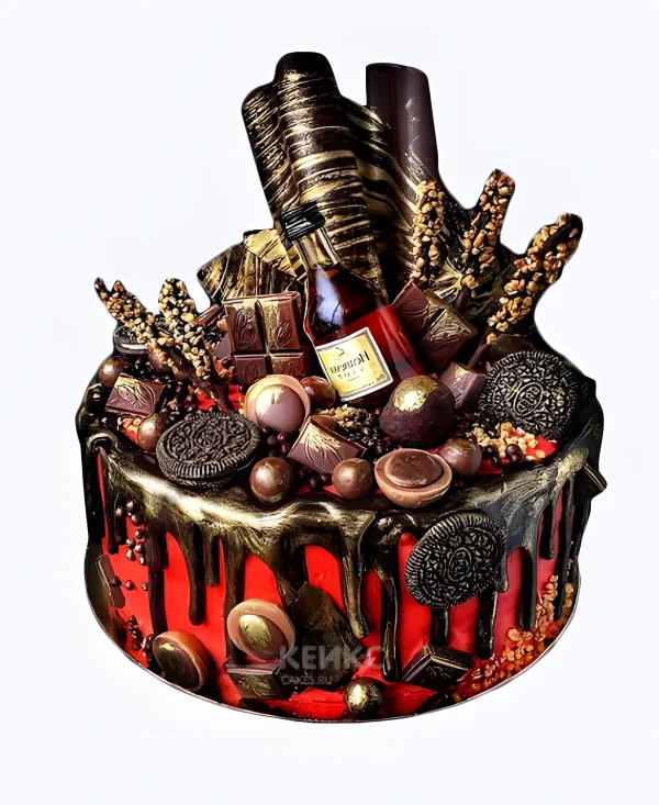 Красный торт с шоколадными конфетами Фото