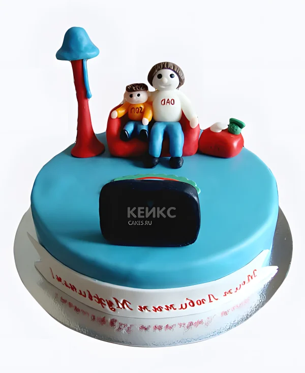 Торт голубой с красным диваном и телевизором Фото