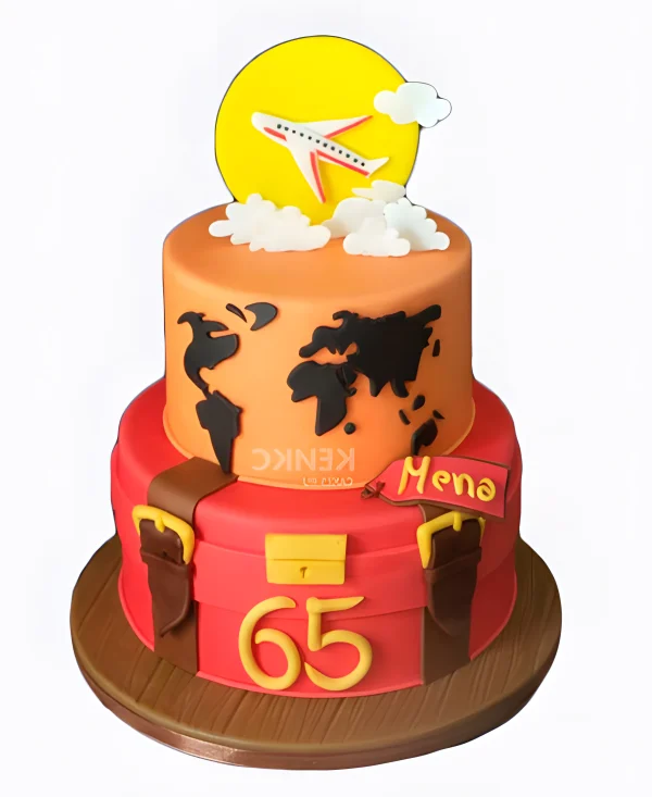 Красно-оранжевый торт для путешественника с самолетом Фото