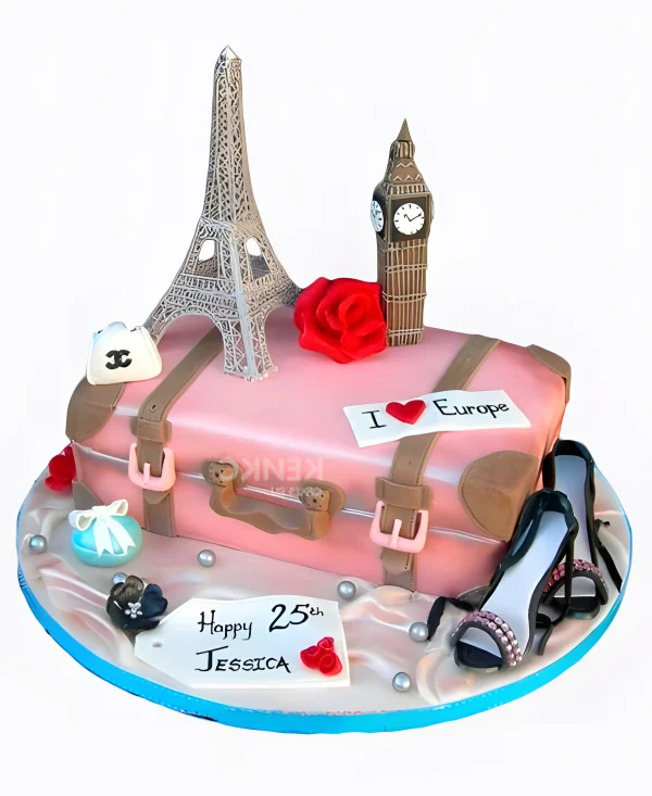 Дорогой розовый торт для путешественницы в виде чемодана Фото