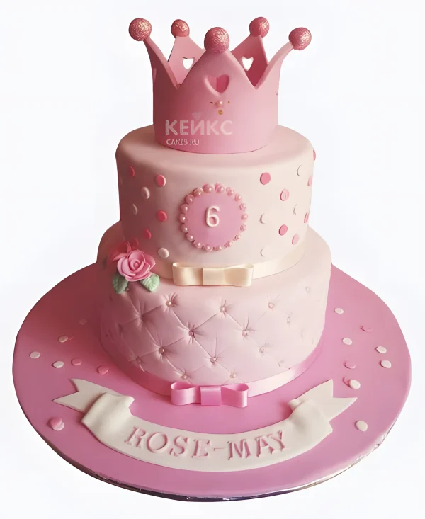 Розовый торт с короной на 6 лет девочке Фото