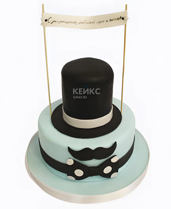 Торт голубой с черной шляпой и гирляндой Фото