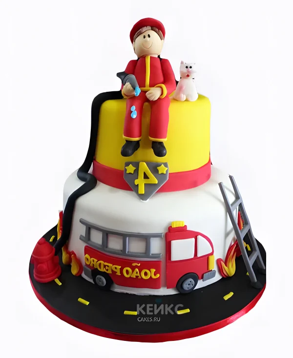 Двухъярусный торт для пожарного из мастики Фото
