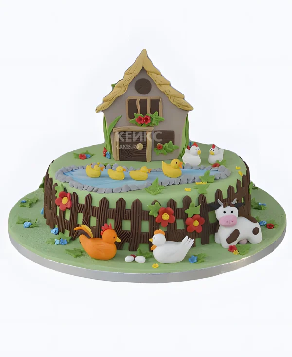 Торт домик в деревне с петушками Фото