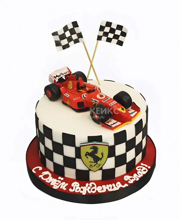 Торт Феррари с гоночной машиной и флагами Фото