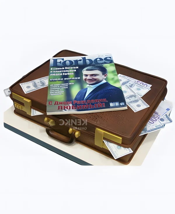 Торт в виде чемодана с деньгами и журналом Фото