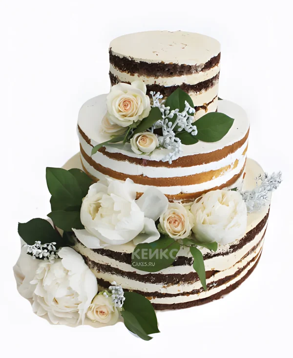 Торт голый трехъярусный с пионами и розами Фото