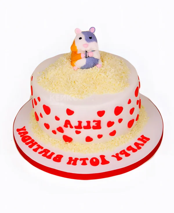 Белый торт с фигуркой хомяка и красными сердечками Фото