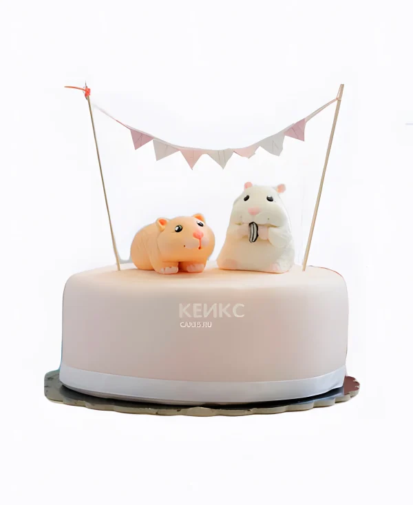 Торт с фигурками хомяков и гирляндой Фото
