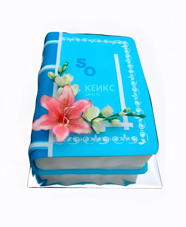 Голубой торт с розовой лилией Фото