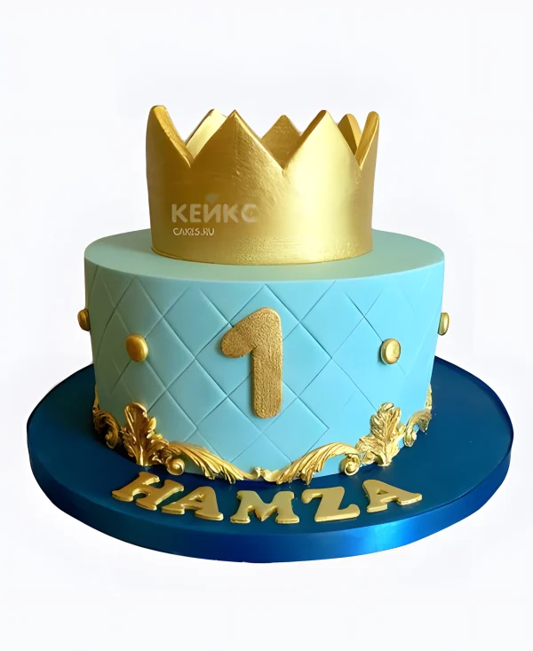 Голубой торт с золотой короной и жемчужинами Фото