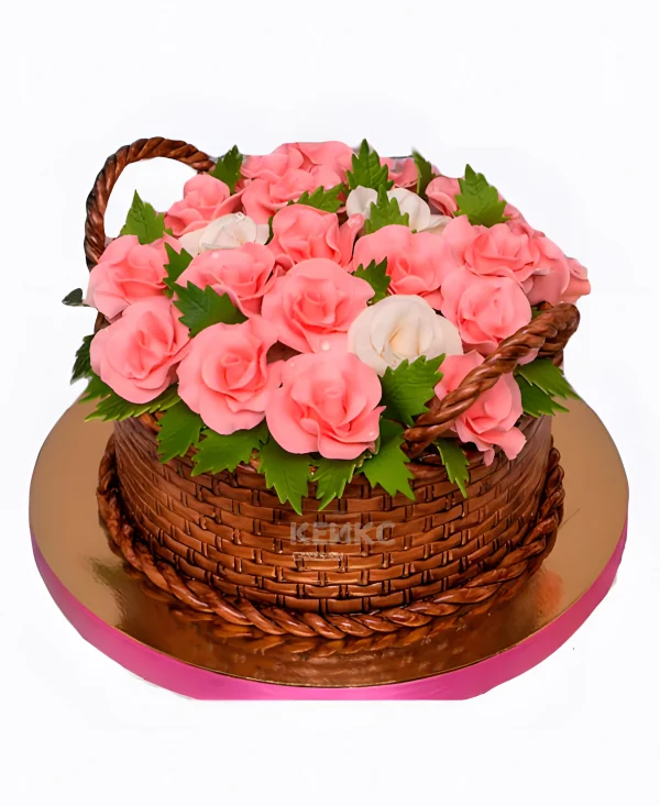 Великолепный торт корзина с розами Фото