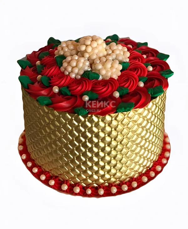 Золотой торт корзина с розами Фото