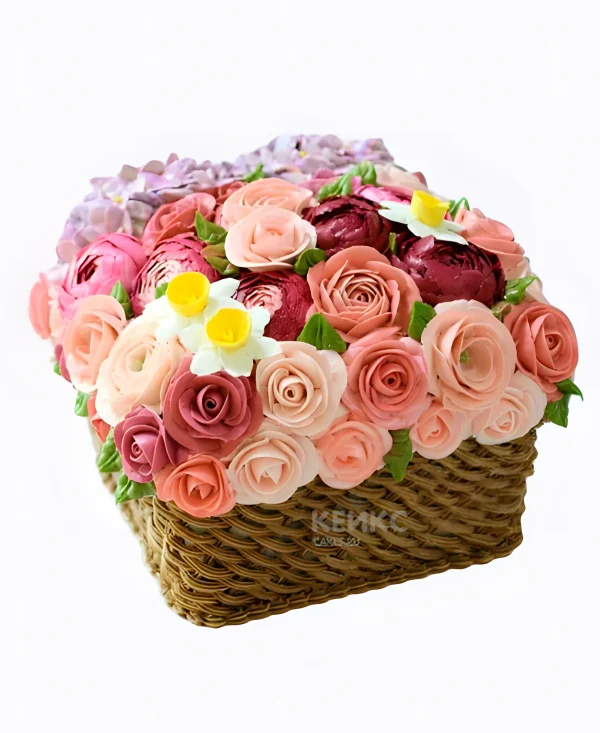 Торт корзина с живыми розами Фото