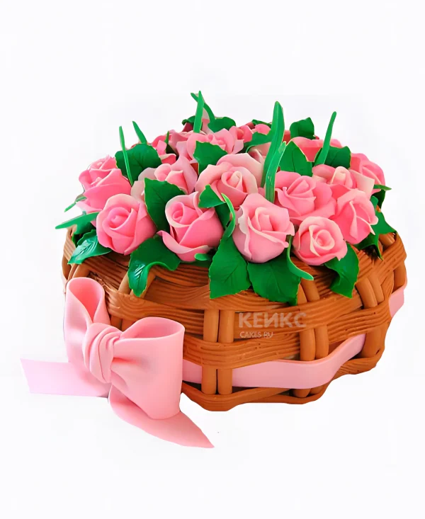 Торт корзина с розами и бантом Фото