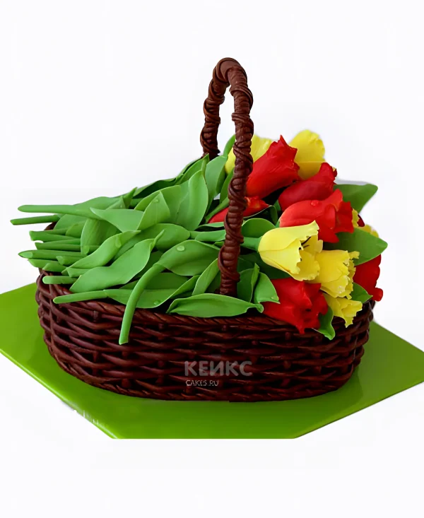 Торт корзина с тюльпанами Фото
