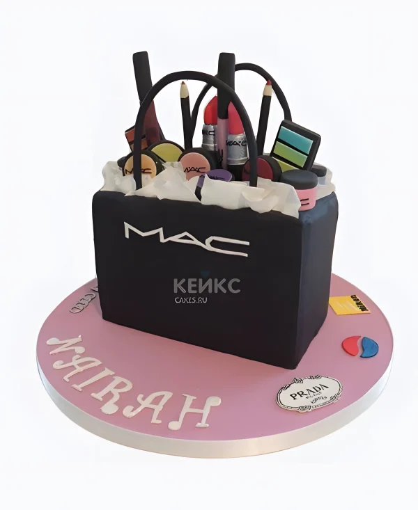 Торт в виде черного пакета MAC с косметикой Фото