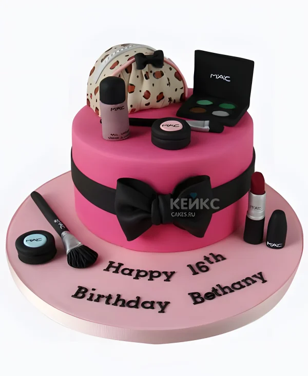 Розовыми бантом с черным бантом, надписью и косметичкой Фото