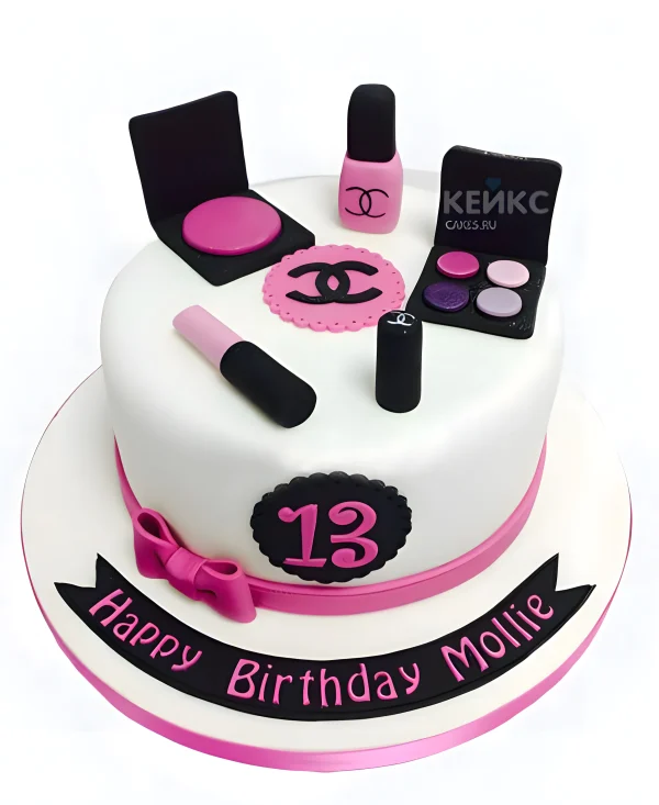 Белый торт с черно-розовой косметикой Фото